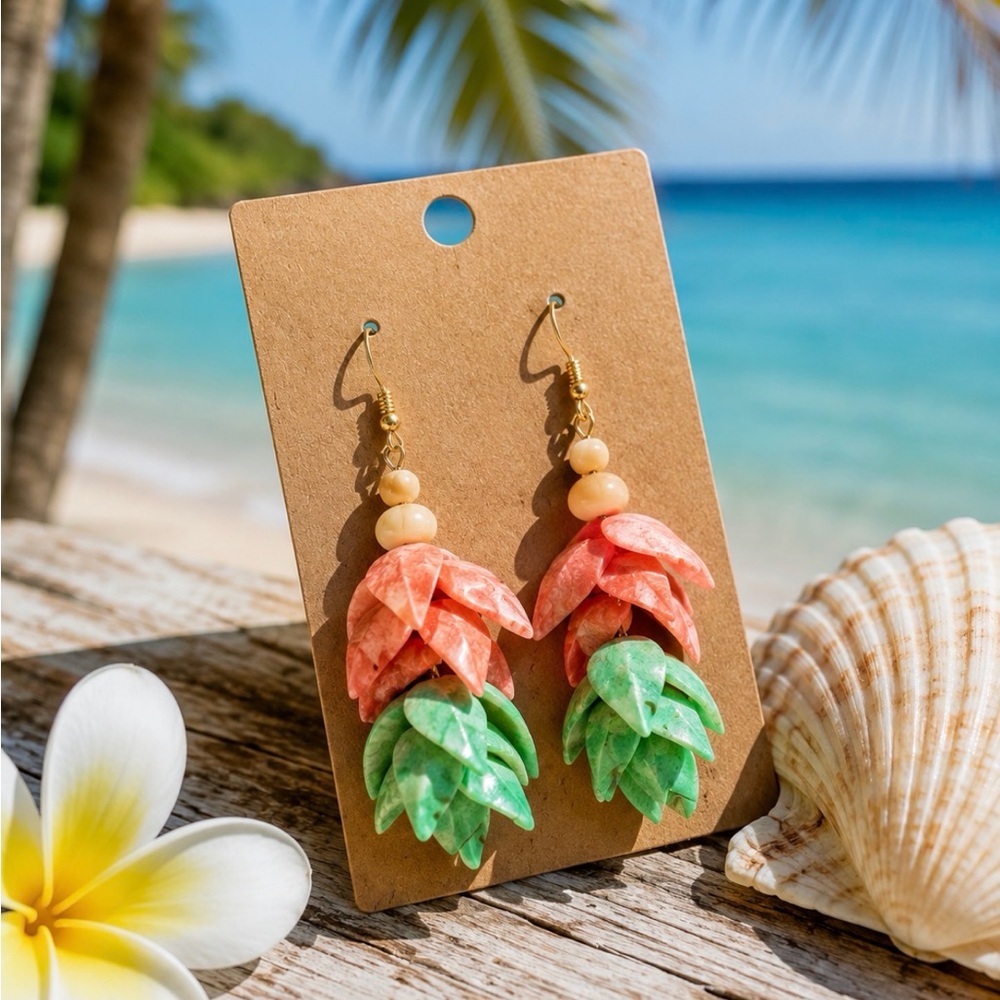 Vintage Artisan Carved Shell Floral Dangle Earrings | Tropical Orange & Green